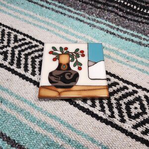 Vintage Masterworks Southwest Ceramic Tile Trivet Vase Mtn White Hand Painted